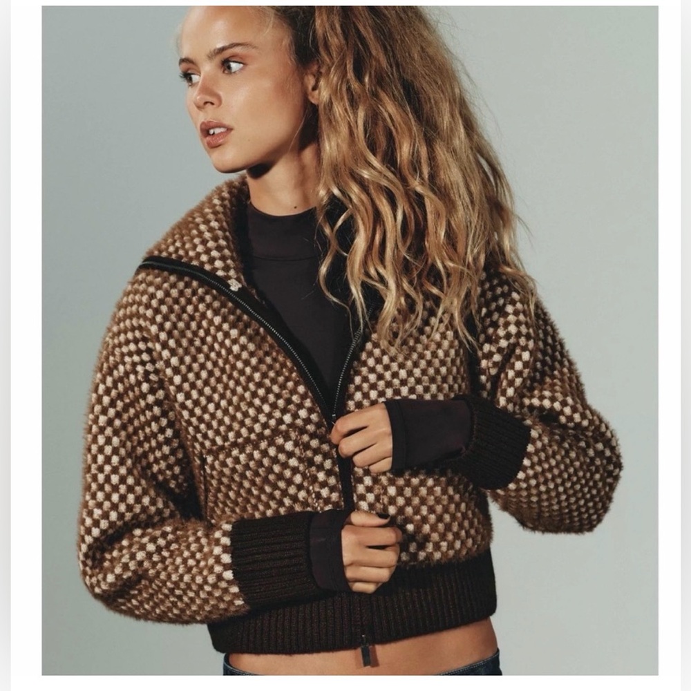 Zara faux fur combination knit bomber jacket in brown size small